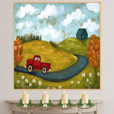 Farm Folk Art Print Featuring Red Vintage Truck Rolling Hills Autumn Trees and Cozy Country House Whimsical Landscape Illustration for Rustic Wall Decor on Ready to Hang 1.5" Thick Canvas Wrap, Floating Framed Canvas, Flat Rolled Canvas